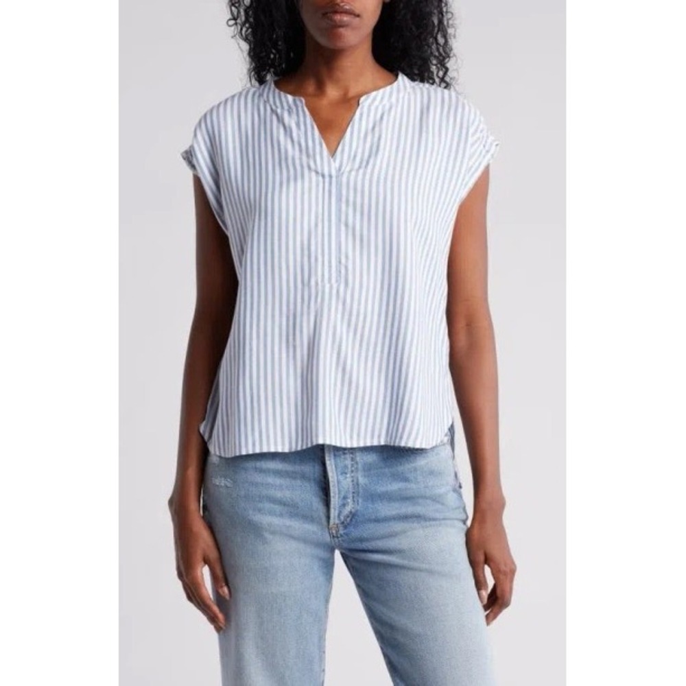 Beachlunchlounge Ana Stripe Split Neck Blue White Cap Sleeve Blouse XS NWT